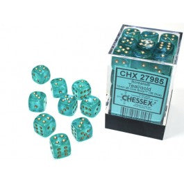 Chessex Borealis 12mm d6 Teal/gold Luminary Dice Block (36 dice)