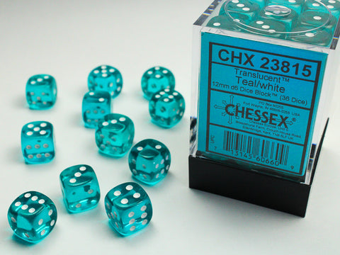 Chessex - Translucent Teal/White 12mm D6 (36 Dice)