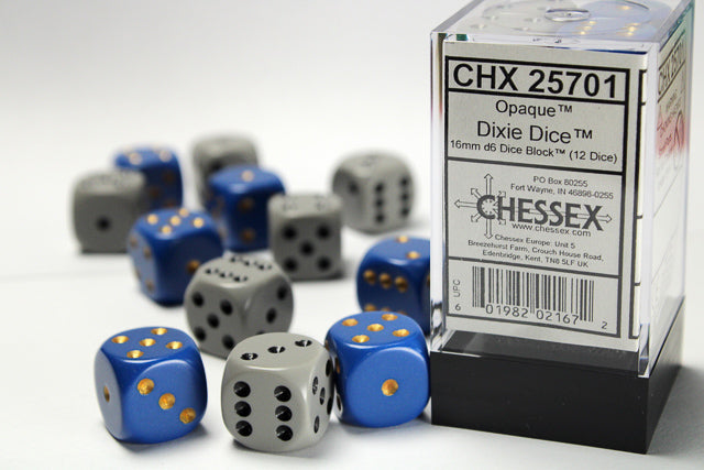 Chessex - Opaque 16mm d6 Dixie Dice 12-Die Set (6 Blue/yellow, 6 Dark Grey/black)